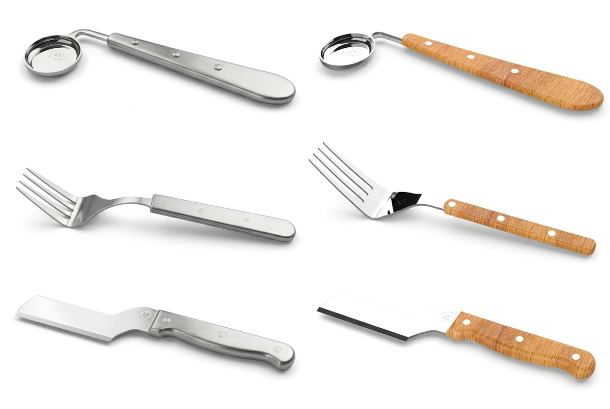 All six utensils arranged in metal-handled and wood-handled pairs