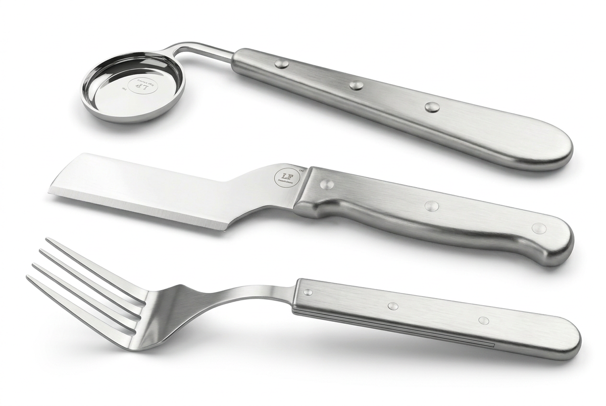 Spoon, knife, and fork combined on a white background