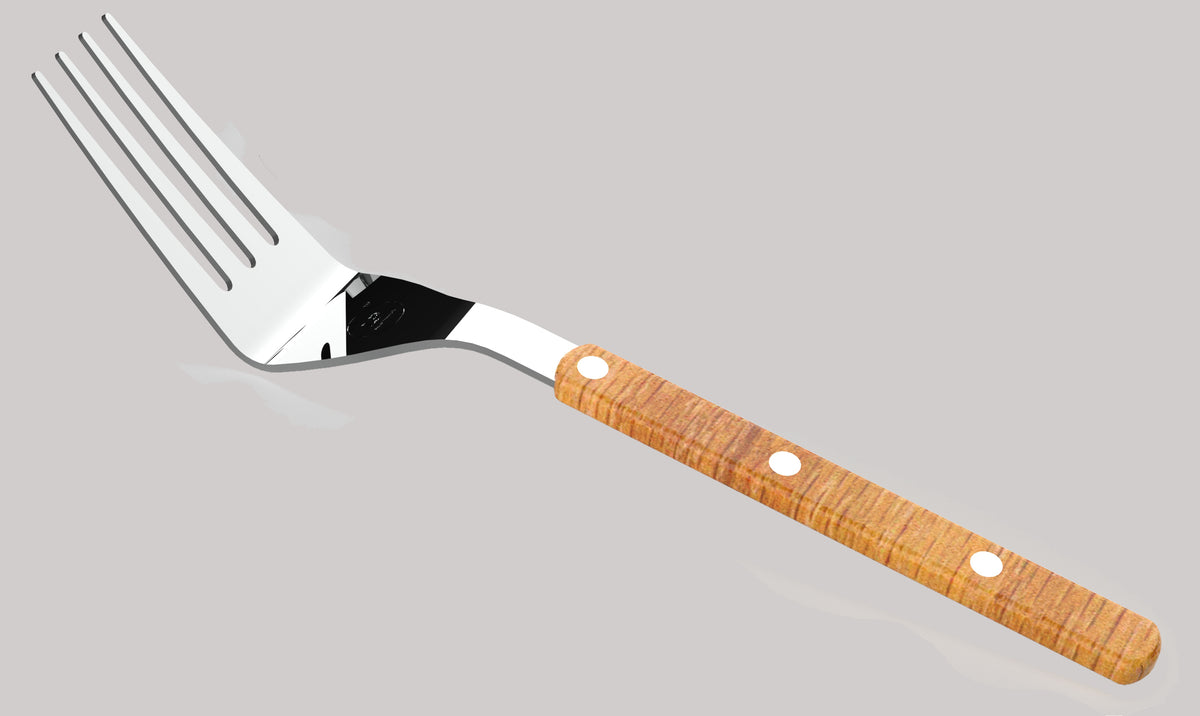 LP Royal Wooden Handle Dining Fork displayed on a gray background, showcasing the elegant design and craftsmanship of LP Royal Utensils.